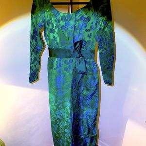 Green and blue rose brocade dress-vintage